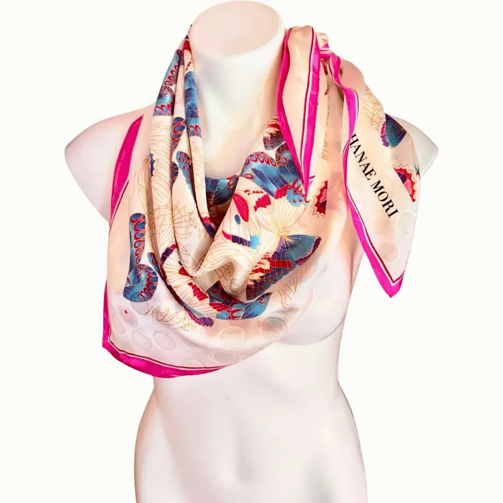 Hanae Mori Butterfly Silk Scarf 35x35 Signature Print 1970s Japan Hand Rolled